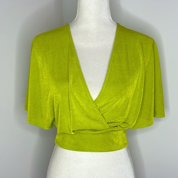 Y2K Objex Lime Green Slinky Faux Wrap Crop Top V Neck Dolman Sleeve Size M - Picture 7 of 10